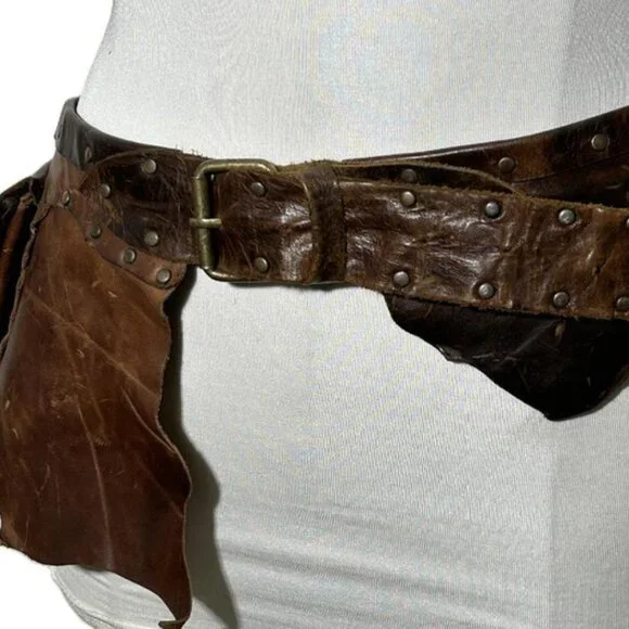 Brown Leather Small Saddle Bag Western Hip Bag Patchwork Riveted Belt Medium - Picture 3 of 10